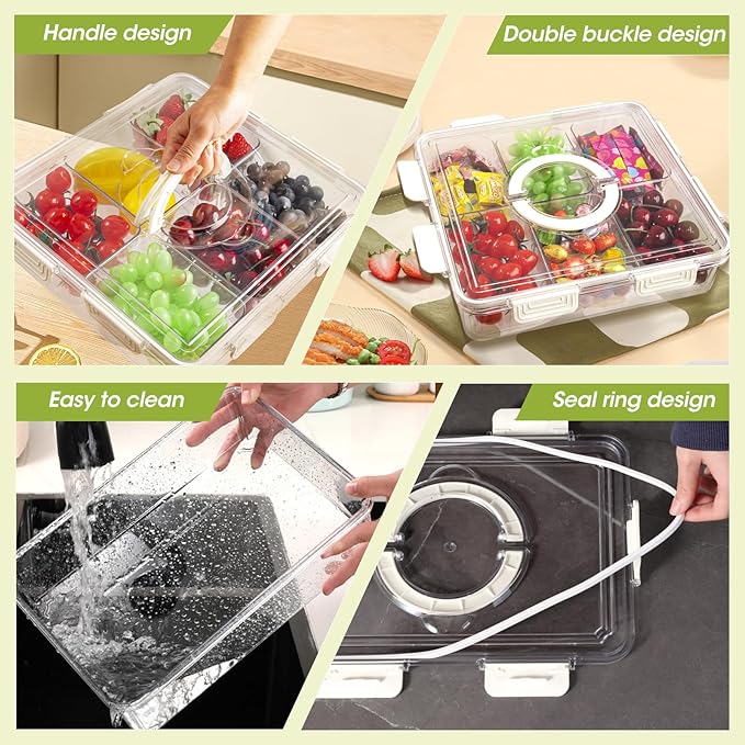 Divided Serving Tray with Lid & Handle, 6 Compartment Removable Snack Box, Kitchen Organizers and Storage, Snackle Box Container, BPA-Free Fruit Storage Container for Berry, Snack, Candy, Nuts…