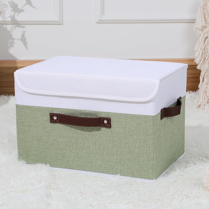 ANMINY Storage Boxes with Lids Washable Decorative Storage Bins Basket with PU Leather Handle Foldable Linen Fabric Storage Cubes Containers for Home Closet Organizer - Green White, Large Size-NeatNest