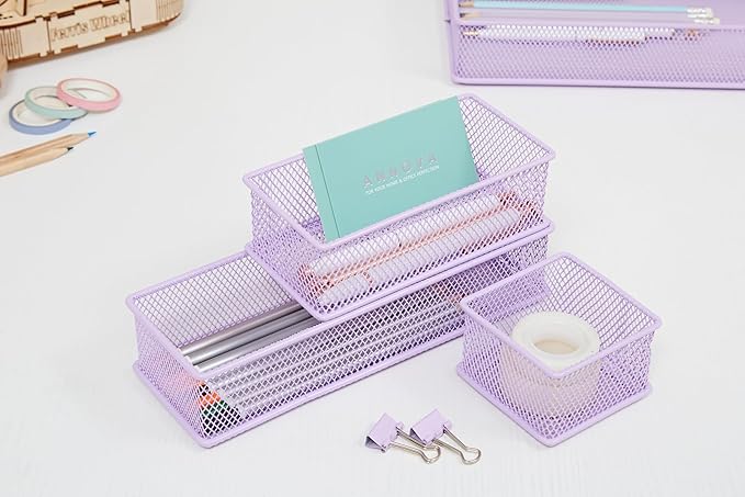 Annova Mesh Stackable Drawer Cabinet and Shelf Organizer Bins Storage Basket School Office Supply Holder Tray- Set of 2 (Light Purple, 6x12x2 Inch)-NeatNest
