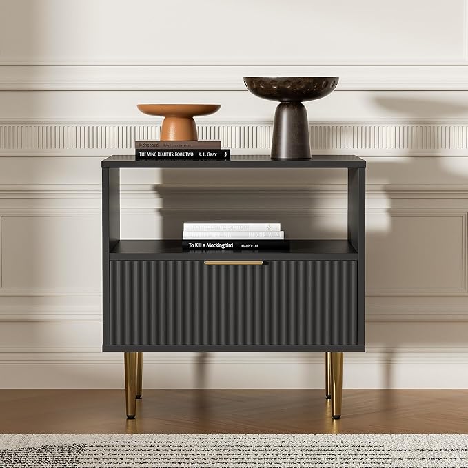 Black Nightstand Set of 2, Modern Nightstand with Drawer, End Table with Storage, Bed Side Table with Open Space for Bedroom, Side Table for Bedroom, Living Room, Black-NeatNest