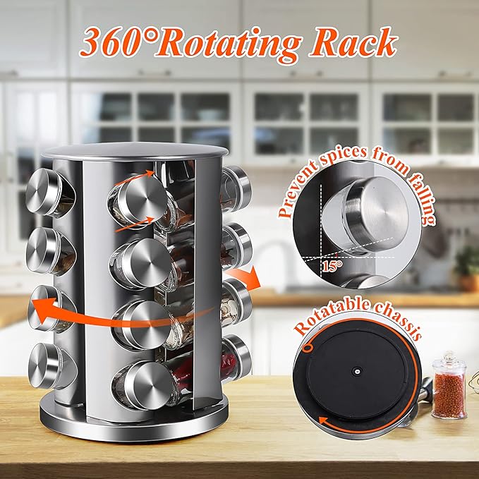 DOUBLE 2 C Revolving Countertop Spice Rack Stainless Steel Seasoning Storage Organization,Spice Carousel Tower for Kitchen Set of 16 Jars (16Jars)-NeatNest