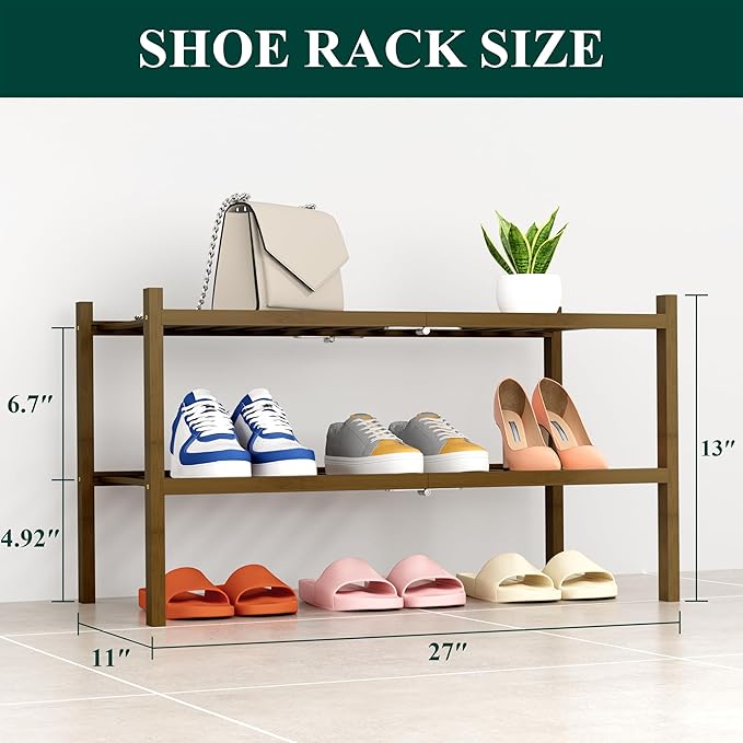 Smiry Shoe Rack, 2 Tier Thick Bamboo Shoe Organizer, Stackable Free Standing Wooden Shoe Storage Shelf for Closet, Entryway, Front Door Entrance, Walnut-NeatNest