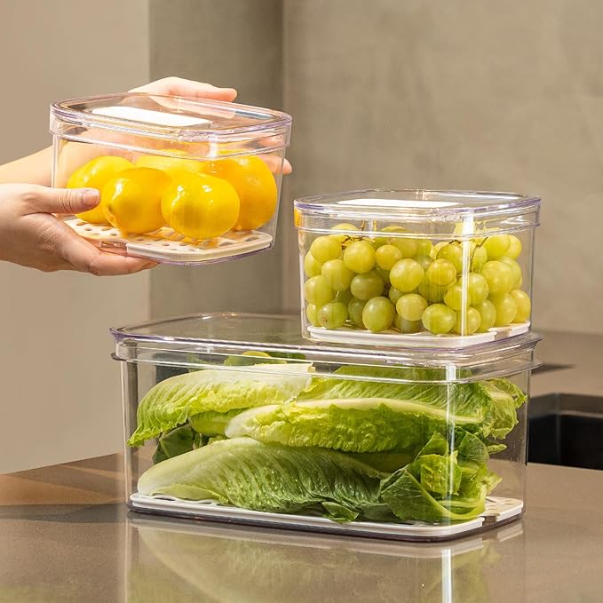 Felli Duo Fresh Veggie Keeper Bin with Vent + Drain Trays, RECTANGLE Fridge Vegetable Fruit Container for LONG & LARGE Produce Storage Lettuce Cabbage Celery Cucumber Organizer for Refrigerator