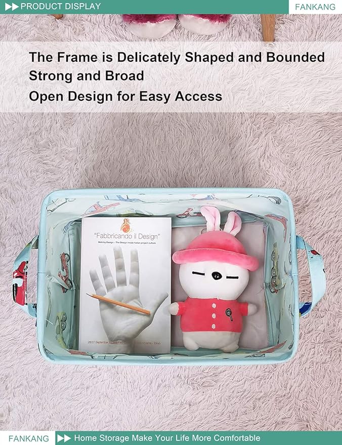 FANKANG Storage Basket,Nursery Hamper Canvas Laundry Basket Foldable with Waterproof PE Coating Storage, Office, Bedroom, Clothes,Toys (Rec-Car)