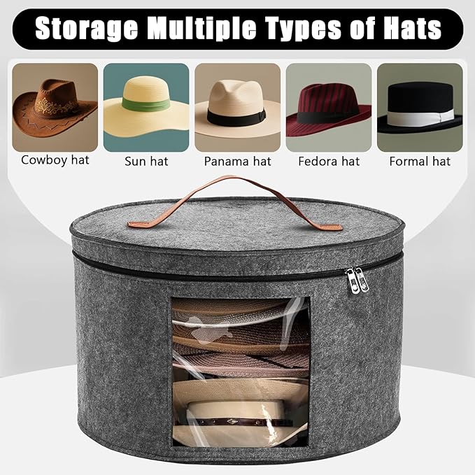 Hat Box, Travel Hat Storage Box, Foldable Hat Boxes for Storage, Space-saving Hat Organizer for Closet, Convenient Stackable Hat Carrier Case for Round Brim, Cowboy, Panama & Tweed Hats-NeatNest