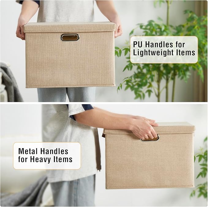 17" Large Collapsible Storage Bins with Lids, Stackable Closet Organizers with PU Handle and Labels, 3-Pack Decorative Fabric Storage Boxes for Home, Bedroom, Closet, Office, Nursery(Khaki)-NeatNest
