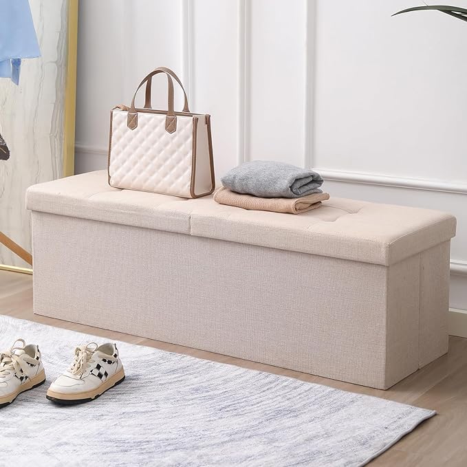 CUYOCA 45.3 Inches Ottoman Bench With 166L Storage Space - Foldable Seat Footrest Shoe Bench for End of Bed - Flipping Lid, Linen Fabric, Navy