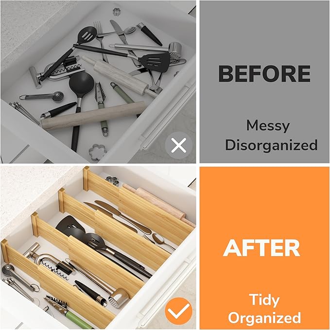 BAMEOS 4 PCS Bamboo Drawer Divider Adjustable Drawer Dividers Kitchen Drawer Organization Utensil Organizers for Kitchen Dresser Bathroom Bedroom and Office-NeatNest