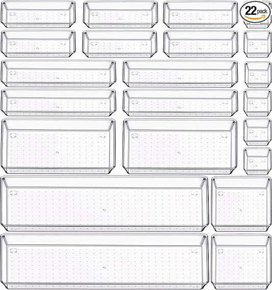 Criusia 22 Pcs Drawer Organizer Bins, Acrylic Non Slip Kitchen Drawer Organizers Storage Tray Divider, Multifunctional Storage for Cosmetics, Bathroom, Tools, Kitchen and Office-NeatNest