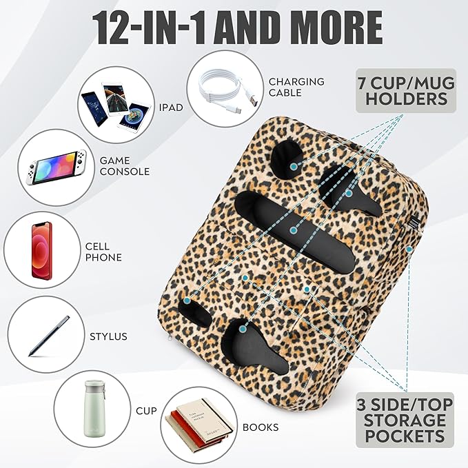 Couch Cup Holder Tray Pillow - Bed, Couch Caddy, Sofa, RV & Car - Holds Drinks, Snacks, Remotes, Phones, Kindle, Tablet | Bed Cup Holder (Leopard)-NeatNest