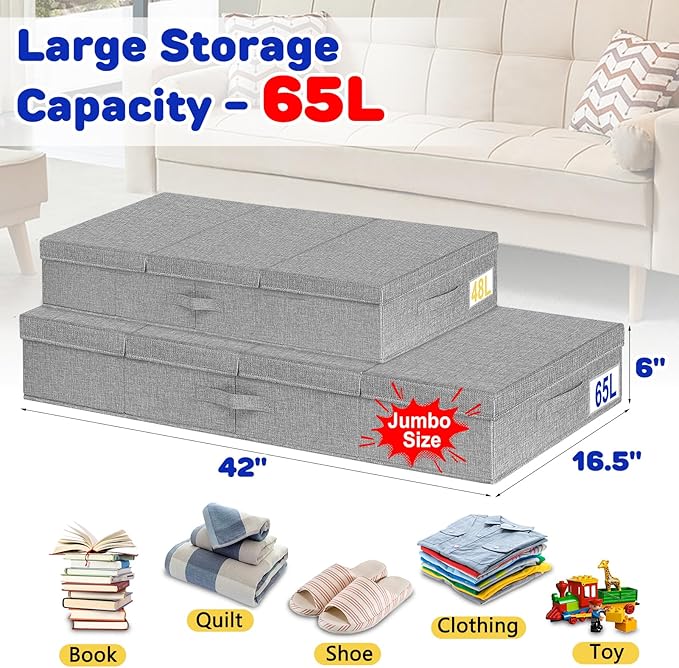 65L Jumbo Under Bed Storage, Underbed Storage Containers With Lids, Extra Large Blanket Storage Bins With Reinforced Handles For Bedroom Organization, Comforter, Clothes, Pillow -2 Pack, Grey-NeatNest