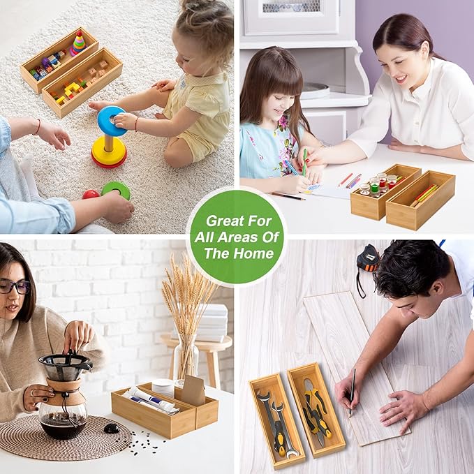 Bamboo Drawer Organizer – Set of 2 Stackable Storage Boxes, Silverware Tray & Small Gadget Holder for Kitchen Drawers, 9" x 3" x 2" (Outer), 8.3" x 2.3" x 1.77" (Inner)-NeatNest
