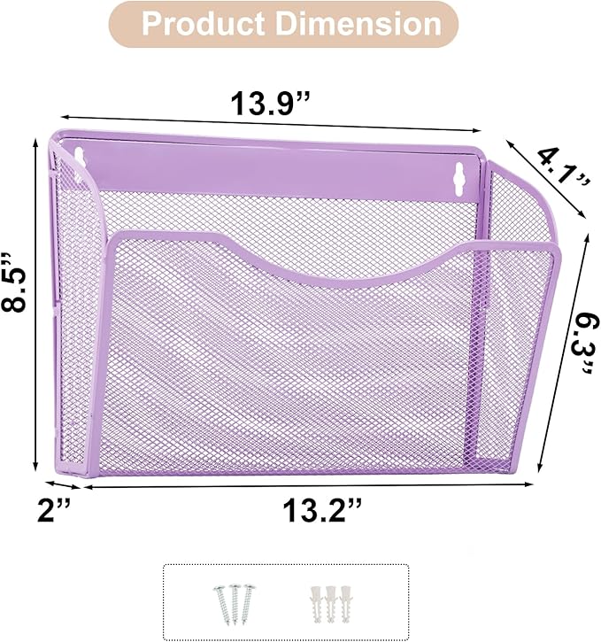 EASEPRES 3 Single Pocket Mesh Hanging File Organizer, Vertical Wall Mounted Magazine File Holder, Mount Basket Mail Paper Document Folder Organizing for Office, Home and School, Light Purple