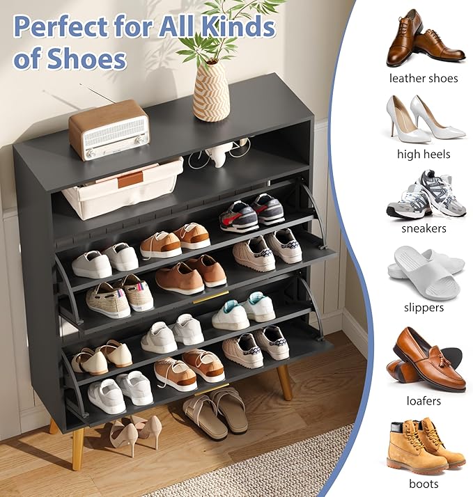 Entryway Shoe Cabinet, Black Shoe Storage Cabinet with 2 Flip Doors and Shelf, Narrow Hidden Shoe Organizer Cabinet Slim, Freestanding Shoe Rack for Entryway, Black-NeatNest