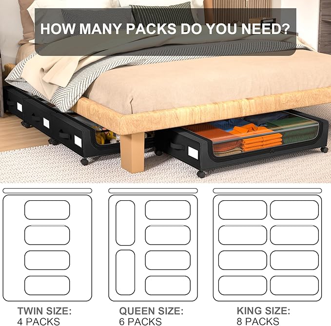 GoMaihe Under Bed Storage with Wheels: XXL Underbed Storage Containers with Clear Lids - Rolling Drawers & Bins for Shoes Clothes in Dorm Bedroom - Space-Saving Easy Pull-out Black 4-Pack-NeatNest