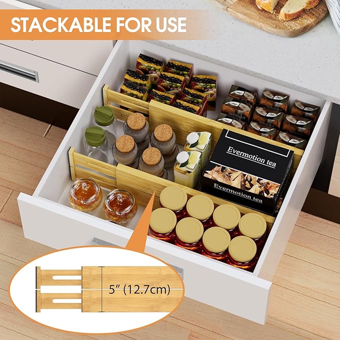 Bamboo Drawer Dividers Organizers, Kitchen Drawer Organizer, Adjustable Drawer Divider for Clothes, Kitchen, Dresser, Bedroom, Bathroom and Office, 4-Pack (Natural, 12-17 IN)-NeatNest