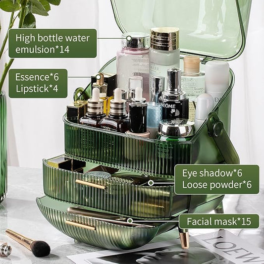 CANITORON Makeup Organizer,Large Capacity Skincare Organizer for Vanity,Cosmetic Organizer with 2 Drawers and Transparent Cover for Bedroom Countertop and Bathroom Countertop Storage.(LGreen)-NeatNest