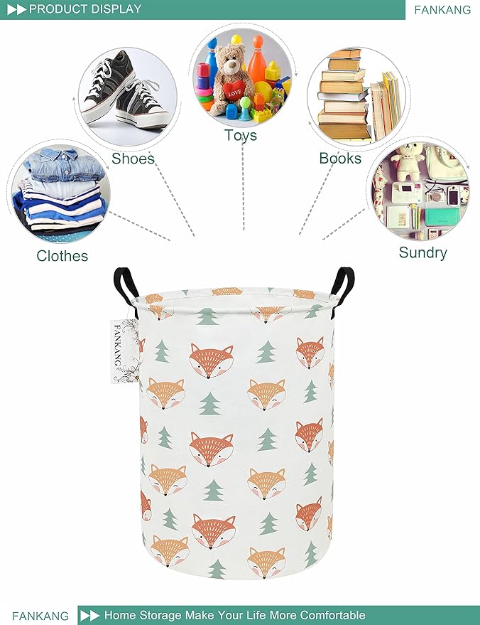 FANKANG Storage Basket, Nursery Hamper Canvas Laundry Basket Foldable with Waterproof PE Coating Large Storage Baskets for Kids Boys and Girls, Office, Bedroom, Clothes,Toys(Fox )