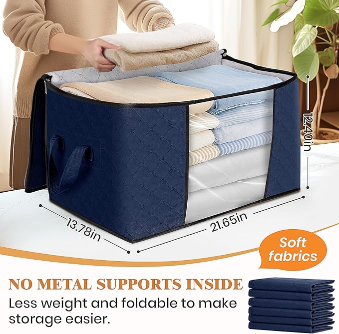 Fab totes 6 Pack Clothes Storage, Foldable Thick Fabric Blanket Storage Bags, Containers for Organizing Bedroom, Closet, Clothing, Comforter,Closet Organization with Handle,Blue-NeatNest