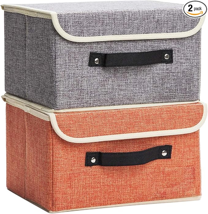 Small Storage Boxes with Lids 2 Pack Linen Collapsible Cube Storage Basket with Handle & Label, Jane's Home Foldable Fabric Storage bins for Shelf & Closet to storage Clothes & Toys-NeatNest
