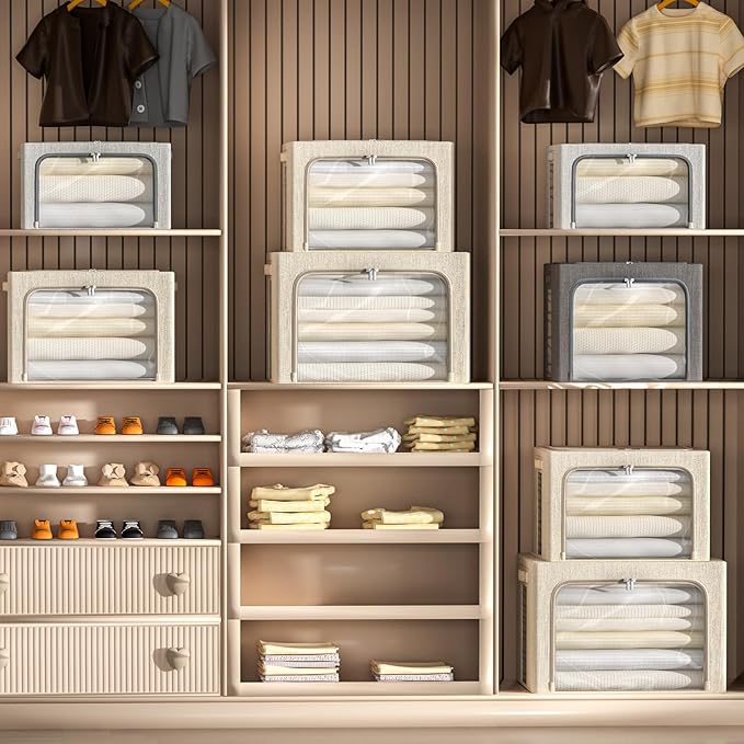 4 Pack Clothes Storage Bins with Metal Frame - Linen Fabric Foldable Stackable Container Organizer Set with Clear Window & Carry Handles & Zippers (Beige, 19.7"x15.7"x13")-NeatNest