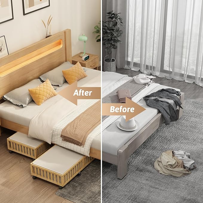 Bamboo Under Bed Storage Containers with Wheels, 2 Pack Large Under the Bed Shoe Storage Bins, Wood Rolling Underbed Drawers Organizer for Bedroom Closet Clothes Blanket Under Crib Toy Nature-NeatNest