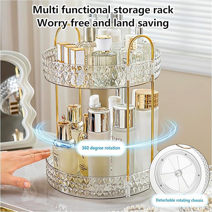 Rotating Makeup Organizer, 2-Tier Vanity Perfume and Skincare Display Shelf, Clear Cosmetic Storage Rack for Bathroom Counter or Dresser (White)