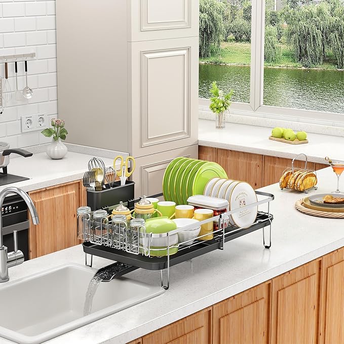 Dish Drying Rack, Expandable Dish Rack for Kitchen Counter, Stainless Steel Dish Drainer with Utensil & Cup Holder 13.8"-22.6" L x 12.1" W (Silver)