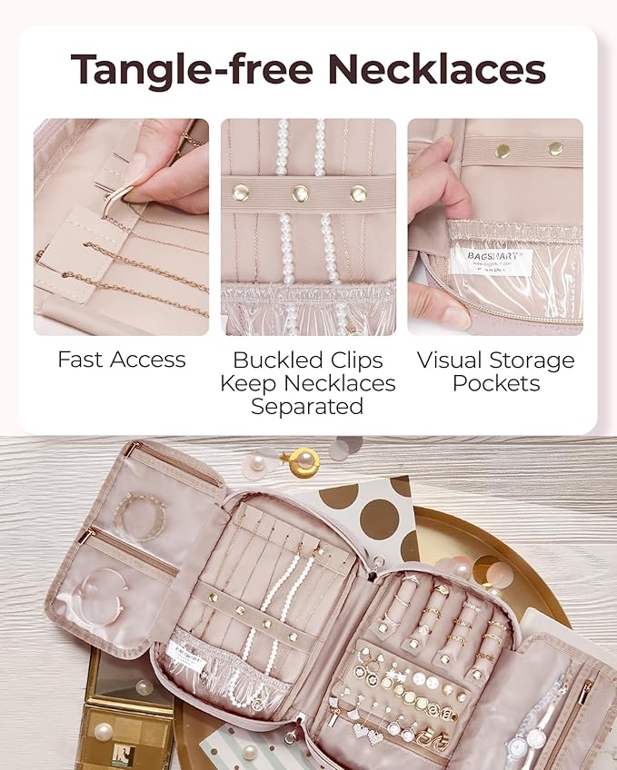 BAGSMART Jewelry Organizer Case Travel Jewelry Storage Bag for Necklace, Earrings, Rings, Bracelet, Soft Pink-NeatNest