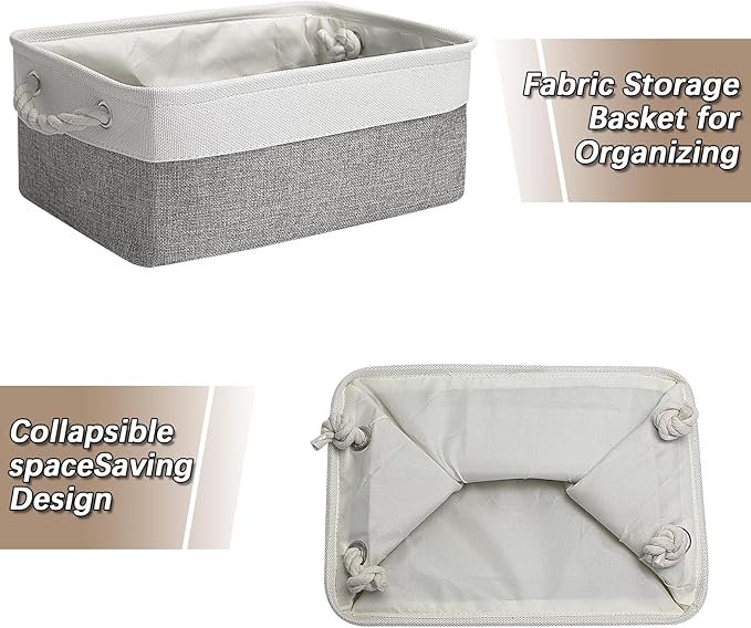 Fabric Storage Bins, 2 Pack Foldable Cube Baskets with Rope Handles, Large Collapsible Storage Cubes for Home, Office, Closet, Clothes, Books Organizer. (White and Gray, 2PCS/16*12.6*8.2inch)-NeatNest