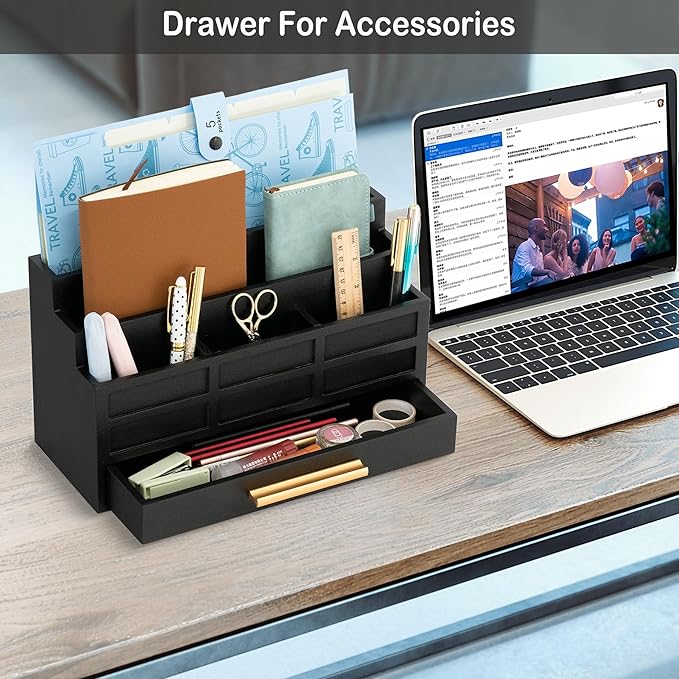 Black Wood Desk Organizer and Accessories with Drawer, Bill Mail Organizer and File Mail Holder for Office Supplies, Rustic Desk Accessories & Workspace Organizers for Desk Organization-NeatNest