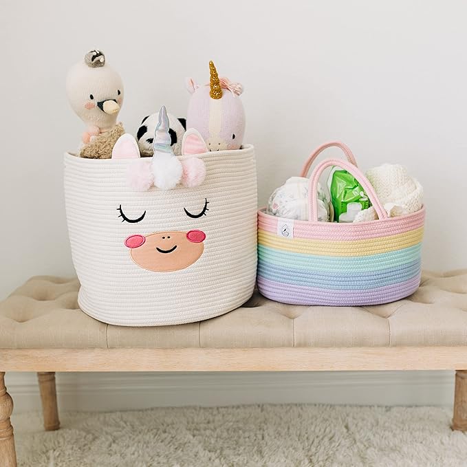 OrganiHaus Pastel Rainbow Basket | Rope Diaper Caddy Basket | Baby Diaper Caddy Organizer | Nursery Basket & Baby Baskets for Newborn Baby Diaper Organizer for Rainbow Decor | Diaper Storage Organizer