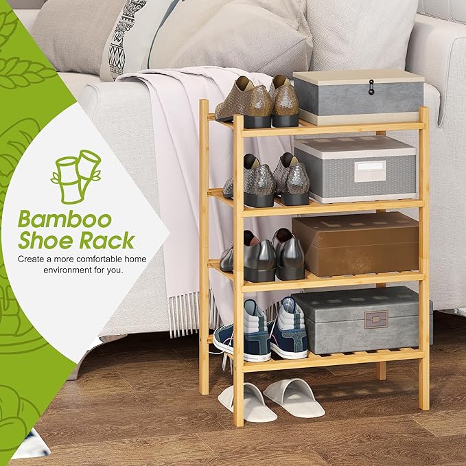 BMOSU 4-Tier Bamboo Small Shoe Rack Premium Stackable Shoe Shelf Storage Organizer for Hallway Closet Living Room Entryway Organizer (Natural Bamboo)-NeatNest