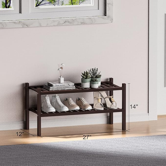 2 Tier (Thick) Bamboo Shoe Rack for Closet Free Standing Wood Shoe Shelf for Entryway Small Space Stackable 27"x12"x14" (Black Brown)-NeatNest