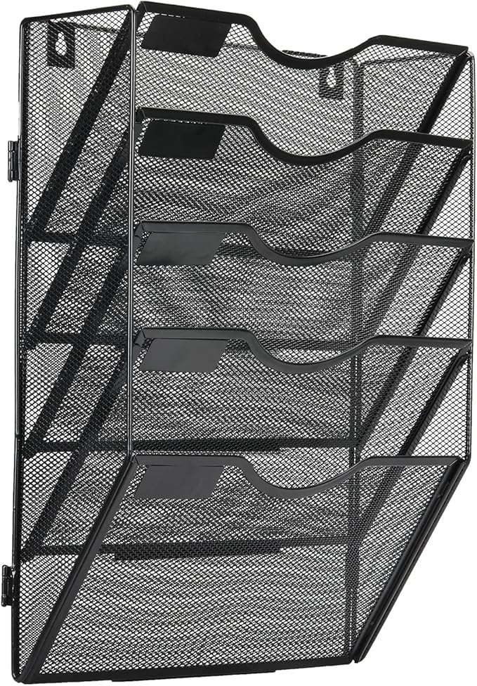 EasyPAG 5 Pocket Wall File Organizer, Black | Metal Mesh Wall Mounted File Holder | Assembly Hanging Mail Organizer | Replaceable Classify Labels | Office Home Letter Size Paper Storage