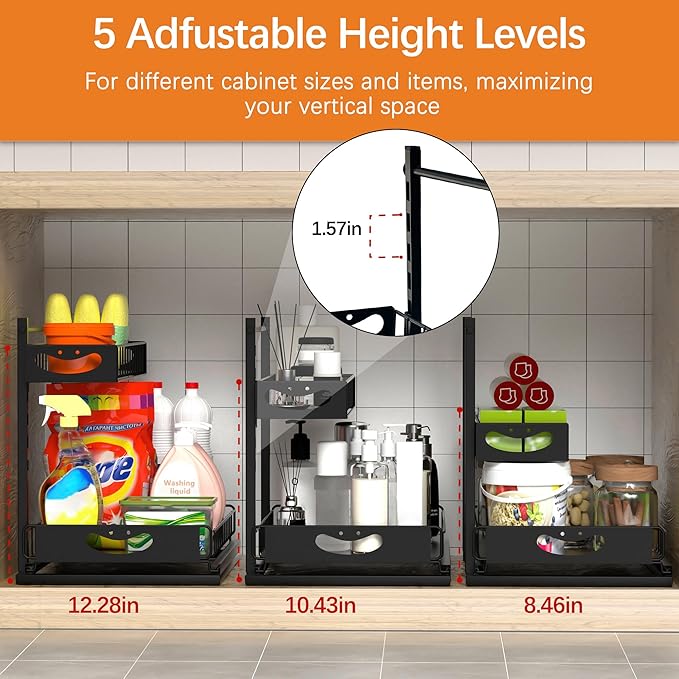 Under Sink Organizer with Pull-Out Drawers,Kitchen Sink Organizer,2 Tier Bathroom Organizers And Storage,Bathroom Accessories Set,Black 2 Pack-NeatNest