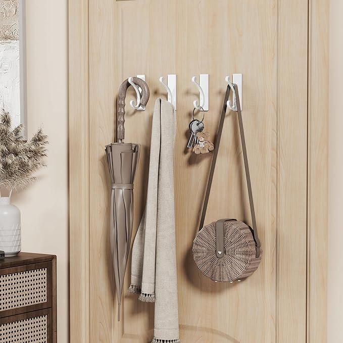 Adhesive Wall Hook for Towel/Coat - Extra Sticky 10LB Stainless, Stick on Hanger for Bath or Shower, Matt White 4-Pack