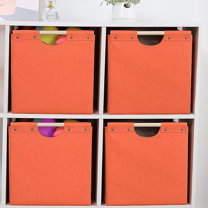 HOONEX Large Collapsible Storage Bins, Linen Fabric, Pack of 2, Storage Baskets with Wooden Carry Handles and Sturdy Heavy Cardboard, for Home, Office, Car, Nursery, Orange