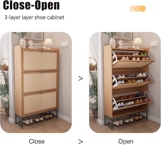 AVZEAR Narrow Shoe Storage Cabinet with 3 Flip Drawers, Freestanding Shoe Organizer Wooden Closed Shoe Rack, Slim Shoe Cabinet Storage for Entryway, Hallway, Living Room (Natural)-NeatNest