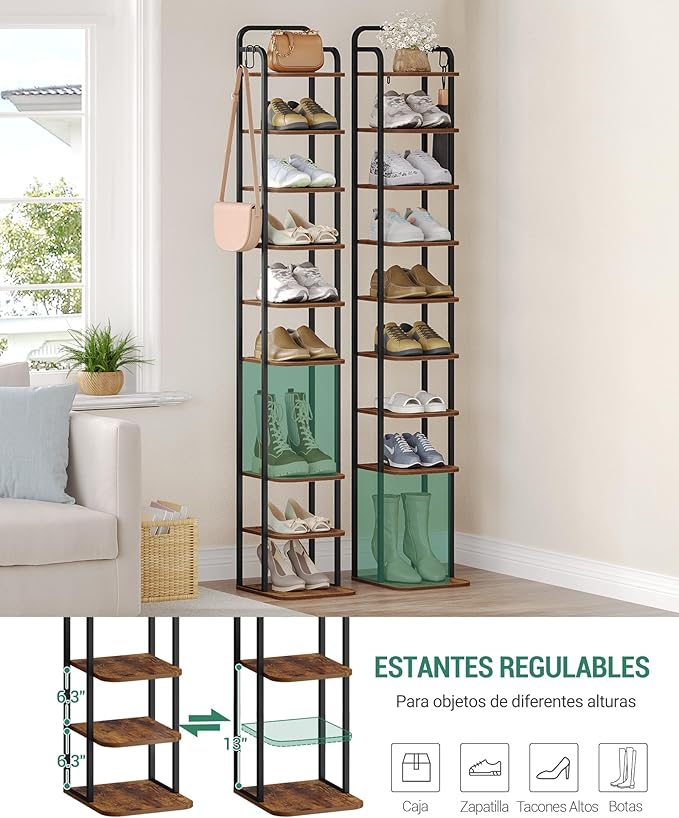 10 Tiers Vertical Shoe Rack, Narrow Shoe Tower, Tall Shoes Shelf with 2 Hooks, Adjustable Shelves, Corner Shoes Shelves for Small Spaces, Entryway, Living Room, Rustic Brown SR11201B-NeatNest