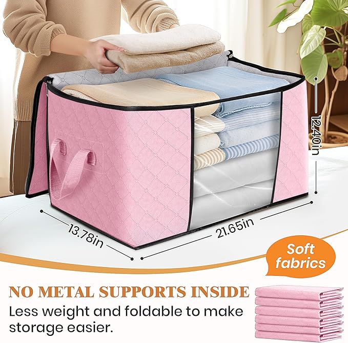 Fab totes 8 Pack Clothes Storage, Foldable Thick Fabric Blanket Storage Bags, Containers for Organizing Bedroom, Closet, Clothing, Comforter,Organization with Handle,Pink-NeatNest