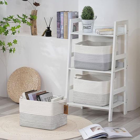 COMFY-HOMI Cotton Rope Woven Basket with Handles for Shelves,Toys,Book, Cloth Storage Baskets Bin for Organizing-13.5"x11"x9.5" Toy Decorative Organizer for Living Room, Bathroom-White/Black Line-NeatNest