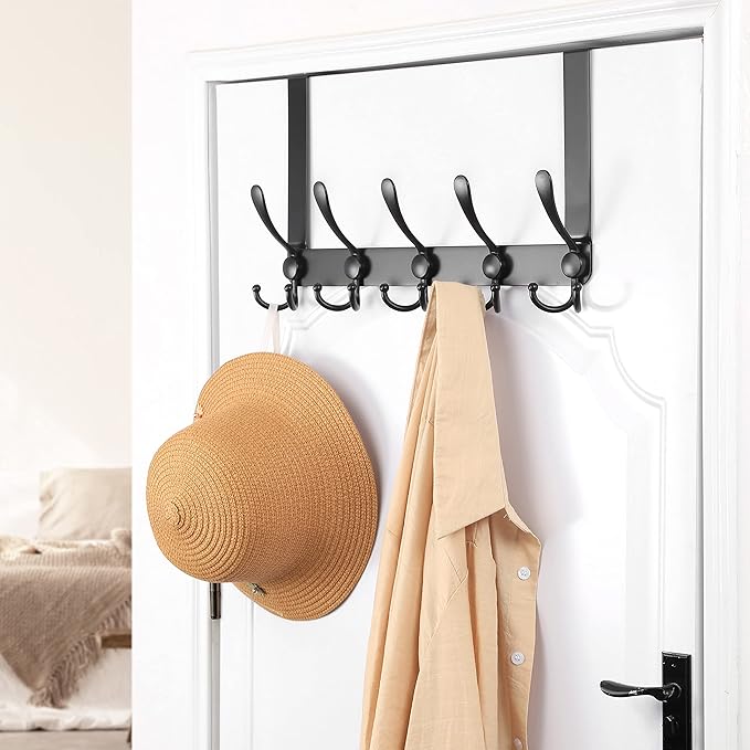 Dseap Over The Door Hook Hanger - 5 Tri Hooks, Heavy Duty Over The Door Towel Rack Coat Rack for Clothes Hat Towel, Black
