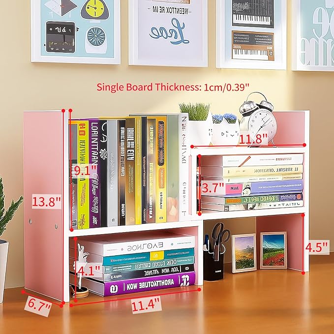 Desktop Shelf Organizer, Adjustable Wood Office Storage Rack, Counter Display Small Bookshelf for Home/Office/School(Pink)-NeatNest