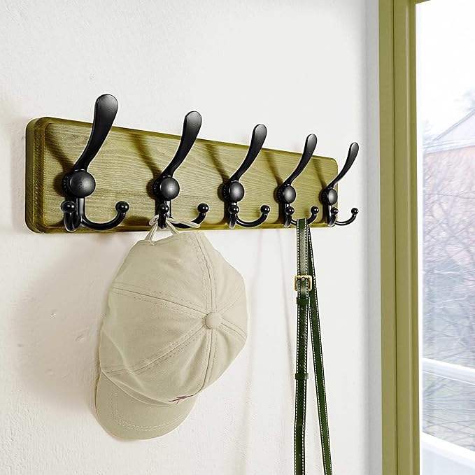 Dseap Wall Mount Coat Hanger - Heavy-Duty Robust Barnwood-Style Wooden Hook Rail with 5 Triple Hooks for Winter Coats, Hats, Jackets, Weathered Green & Black