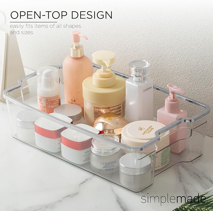 SIMPLEMADE Clear Refrigerator Organizer Bins - Clear Bins for Fridge, Containers for Fridge and Freezer, Multipurpose Storage for Kitchen, Office, Bathroom, Silver Rim (8.5" x 14.6")