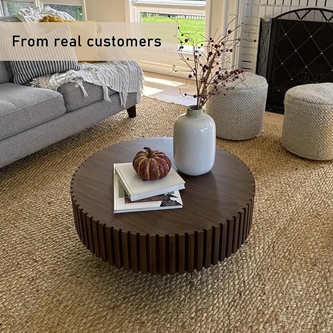 31.49" Round Wood Coffee Table Walnut for Living Room, Modern Fluted Side | Sturdy Base | Handcrafted Relief Carving | Drum Circle Table for Office, Small Space, Easy Assembly