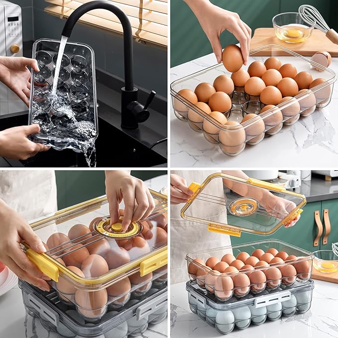 CottonColors Egg Holder for Fridge - 18 Container for Refrigerator, Plastic Organizer, Stackable Storage With Lids for Timer-NeatNest