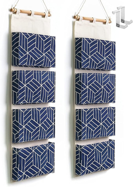 CROWNED 2Pcs Over Door Hanging Storage Bags Wall Mount Closet Organizer, 4 Big Pockets Linen Cotton Fabric Multi Functional Living Room Bedroom Bathroom File Magazine Waterproof Free Hooks Navy-NeatNest