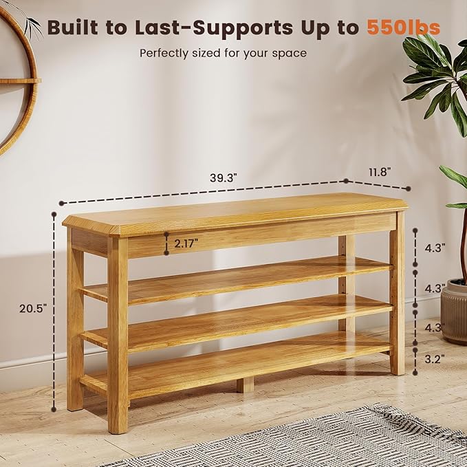 Shoe Rack Bench Seat Rubberwood 3-Tier Wooden Storage Bench 550lbs Compact Mid-Century Modern Design for Entryway, Hallway, Closet, Front Door Entrance, Foyer